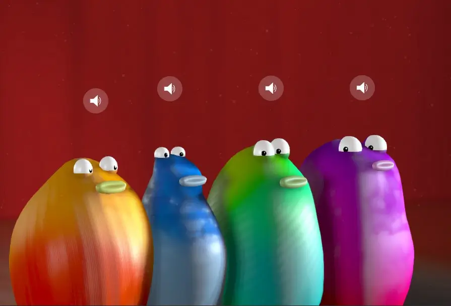 چهار حباب رنگارنگ در محیط بازی Blob Opera که توسط هوش مصنوعی گوگل کنترل میشوند.