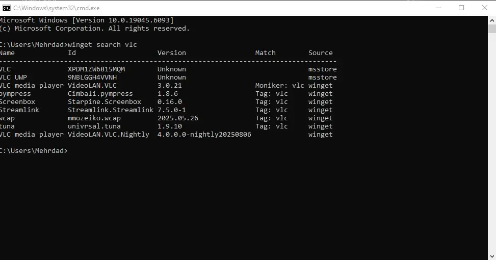 نتیجه جستجوی برنامه VLC با استفاده از دستور winget search