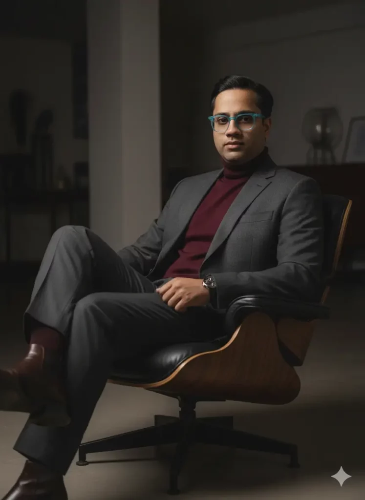ساخت عکس هنری مردی با کت و شلوار در یک فضای فشن و مرموز، نمونه‌ای از تبدیل عکس به پرتره حرفه‌ای با هوش مصنوعی.
