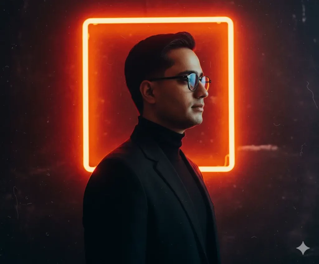 تصویر هنری از نیمرخ یک فرد در مقابل نور نئون نارنجی، نمونه‌ای از تبدیل عکس معمولی به پرتره حرفه‌ای با AI.