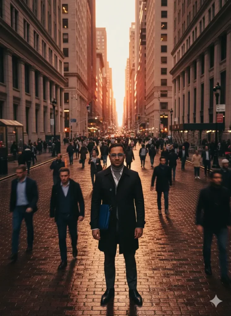 تصویر سینمایی از مردی در غروب یک شهر شلوغ، مثالی از تبدیل عکس به پرتره حرفه‌ای با هوش مصنوعی در سایت سیاه و سفید.