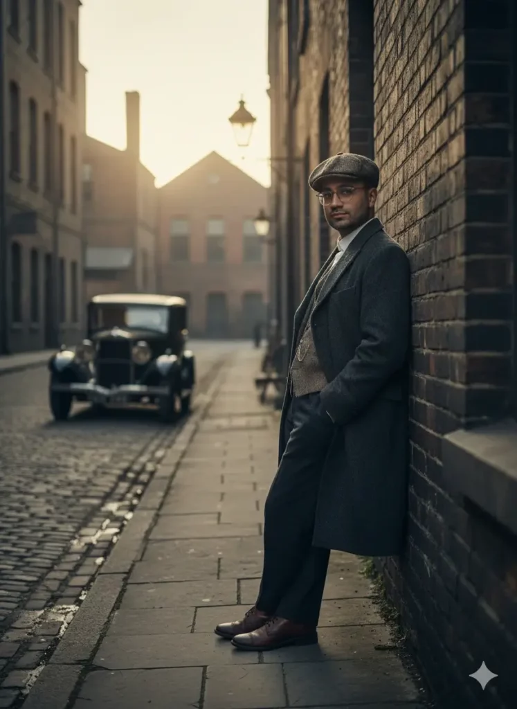 ساخت پرتره مردی با استایل پیکی بلایندرز در یک شهر صنعتی قدیمی با استفاده از پرامپت پیشرفته هوش مصنوعی.