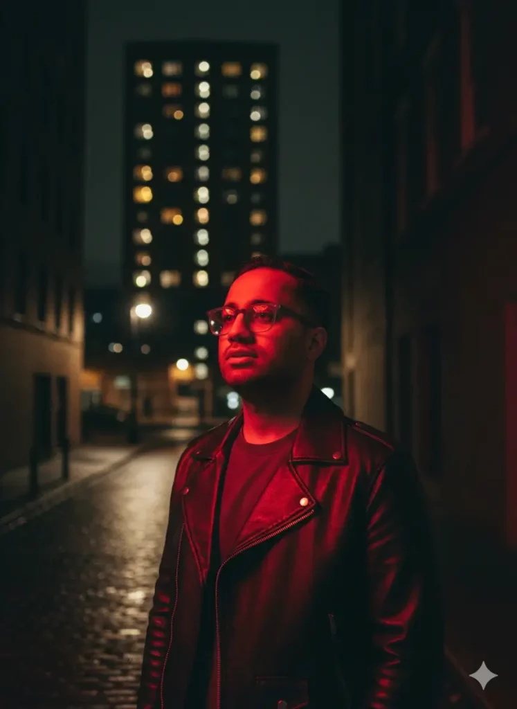 پرتره نئونی و آینده‌نگر یک مرد با ژاکت چرمی در شب، نمونه‌ای از تبدیل عکس به پرتره حرفه‌ای با هوش مصنوعی برای جشنواره سیاه و سفید.