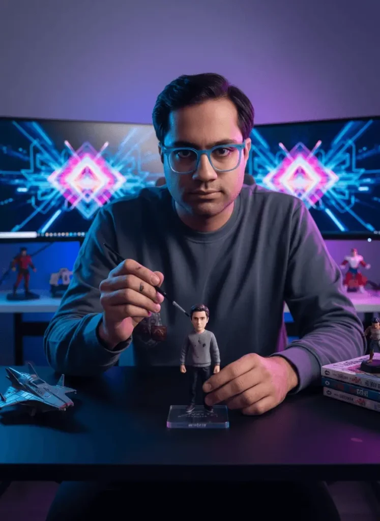 یک شخص واقعی در حال ساخت اکشن فیگور با هوش مصنوعی از خودش روی میز کامپیوتر با نورهای RGB.