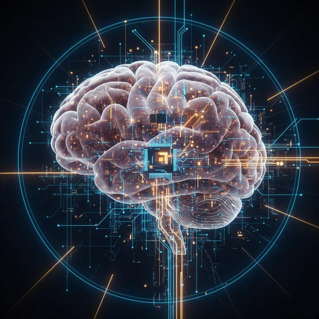 مفهوم رشد شغلی با هوش مصنوعی - ترکیبی از مغز انسان و مدارهای دیجیتال بر روی پس‌زمینه سیاه و سفید.