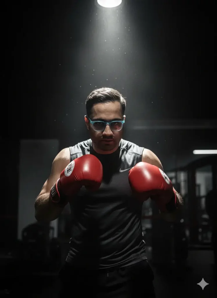 تبدیل عکس به پرتره حرفه ای بوکسور، با نورپردازی سینمایی و دراماتیک در باشگاه.