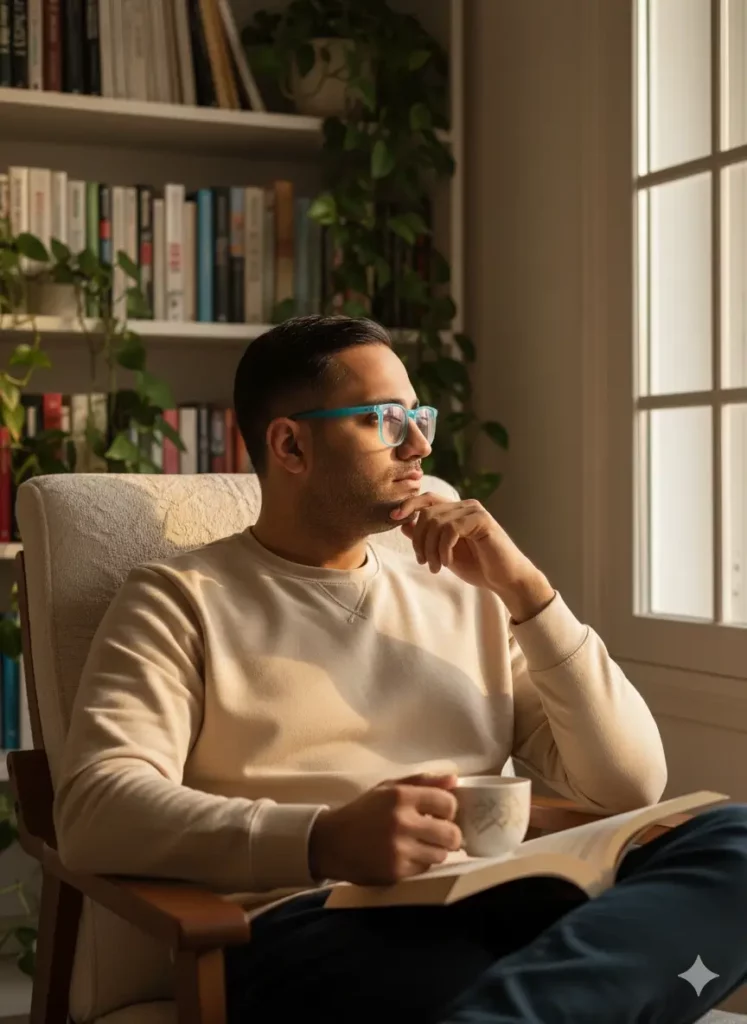 پرتره هنری با هوش مصنوعی، مردی متفکر در کنار پنجره آفتابی با کتاب و چای.