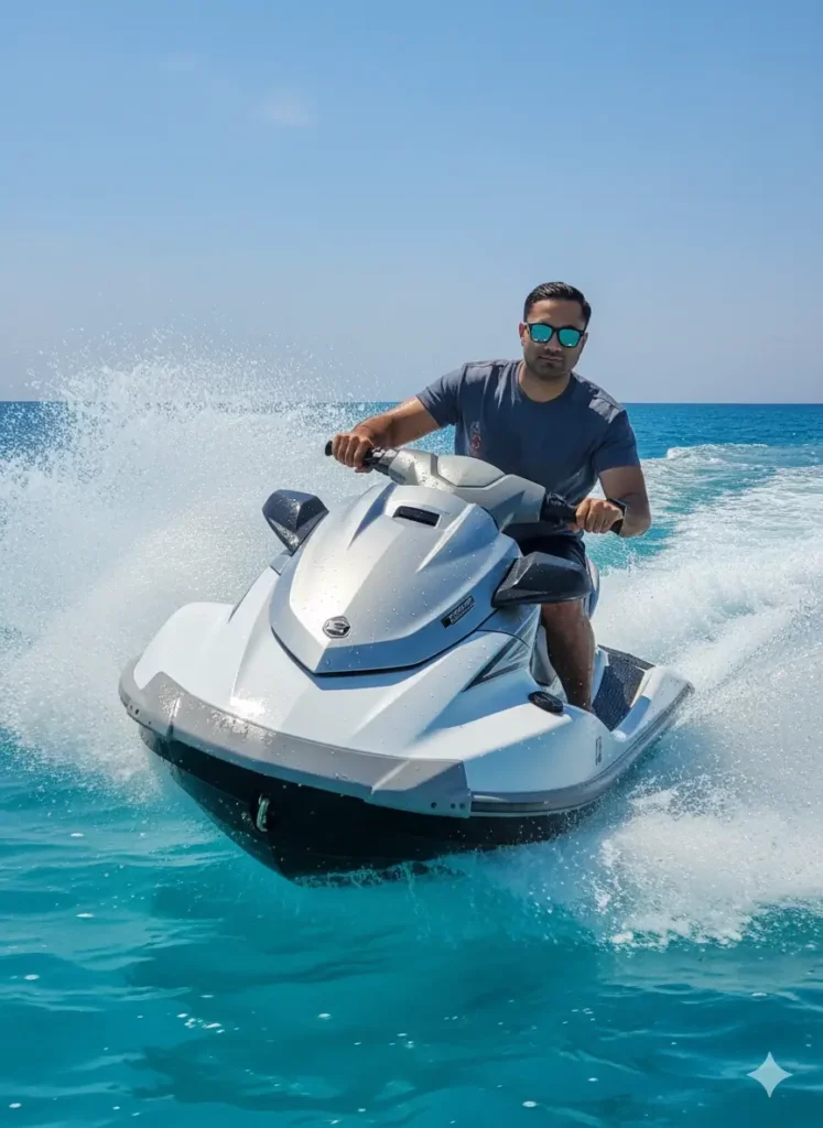 ساخت عکس پروفایل اکشن با هوش مصنوعی، مردی در حال راندن جت اسکی در دریا.