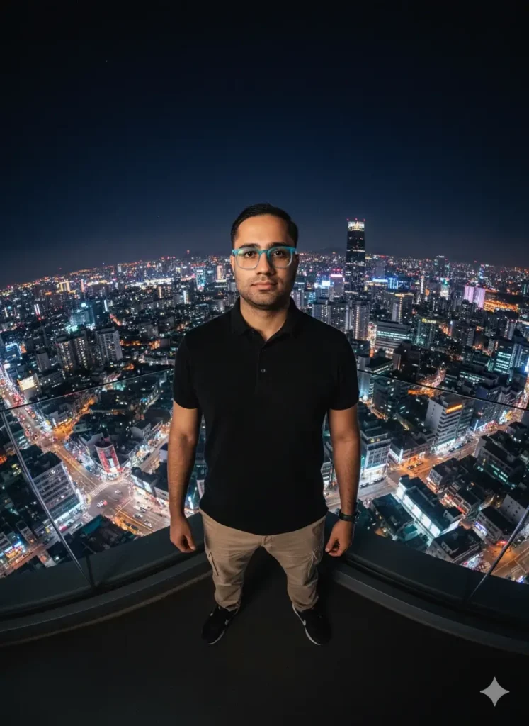  عکس پروفایل با هوش مصنوعی بر فراز آسمان‌خراش‌های سئول در شب، منظره شهری.