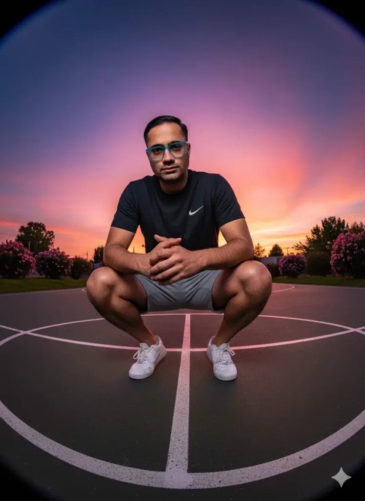 نمونه عکس پروفایل با هوش مصنوعی از مردی در زمین بسکتبال هنگام غروب، یک پرتره حرفه ای به سبک خیابانی.