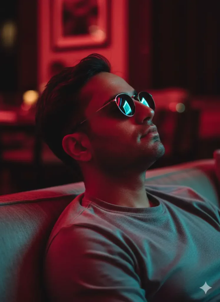 نمونه عکس سینمایی با نورپردازی دوگانه قرمز و آبی، نتیجه تبدیل عکس به پرتره حرفه ای.