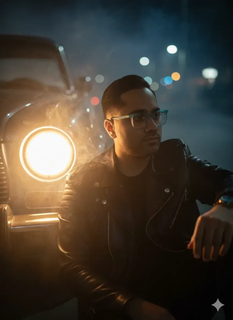 ساخت عکس پروفایل هنری با نور چراغ ماشین کلاسیک با هوش مصنوعی