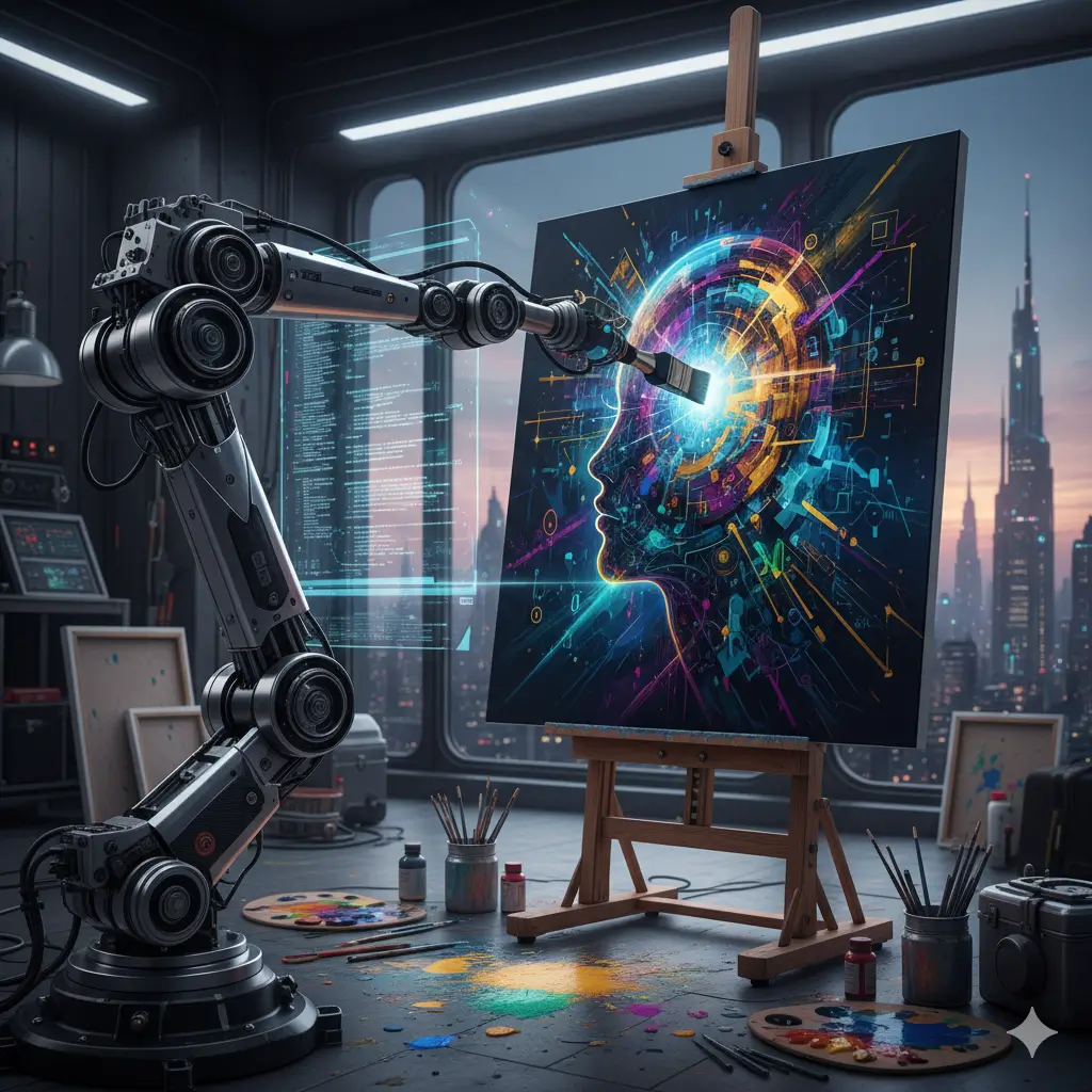 یک بازوی رباتیک در حال نقاشی یک اثر هنری روی بوم، نمایانگر مفهوم هوش مصنوعی مولد.