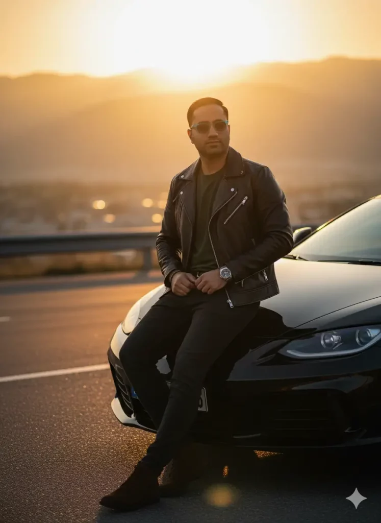 ساخت عکس پروفایل با هوش مصنوعی در کنار ماشین اسپرت هنگام غروب