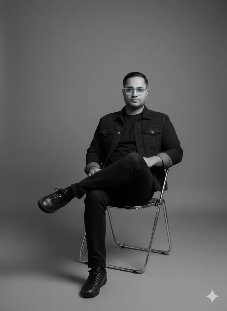 یک پرتره استودیویی سیاه و سفید و حرفه ای از یک مرد که با هوش مصنوعی ساخته شده است.