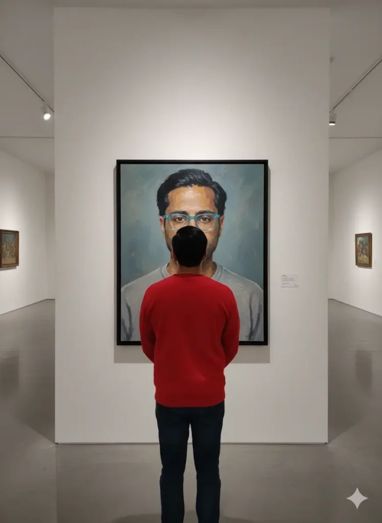 ایده خلاقانه برای ساخت عکس پروفایل: فرد در گالری هنری به تابلوی خود نگاه می‌کند