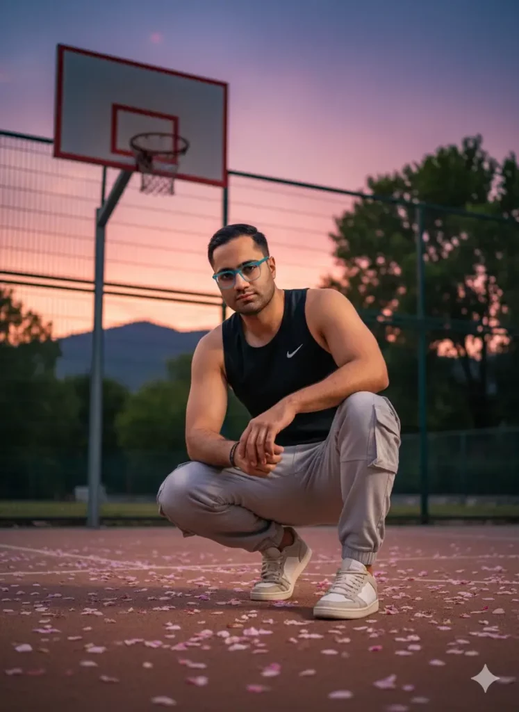 پرتره شهری و هنری ساخته شده با جمینی از مردی در زمین بسکتبال در هوای گرگ و میش.