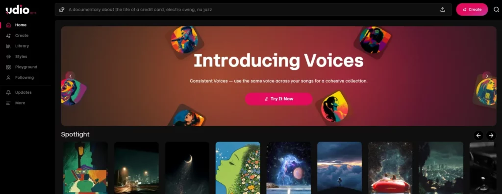 رابط کاربری پلتفرم ساخت آهنگ با هوش مصنوعی Udio برای تولید موسیقی در سبک‌های مختلف.