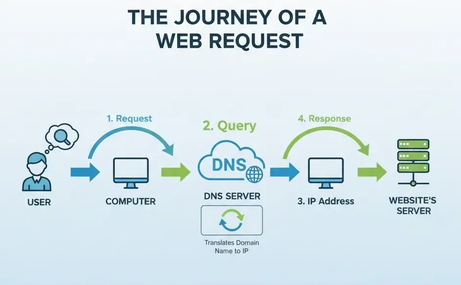 اینفوگرافیک نحوه کار DNS و ترجمه نام دامنه به آدرس IP برای پیدا کردن بهترین dns.