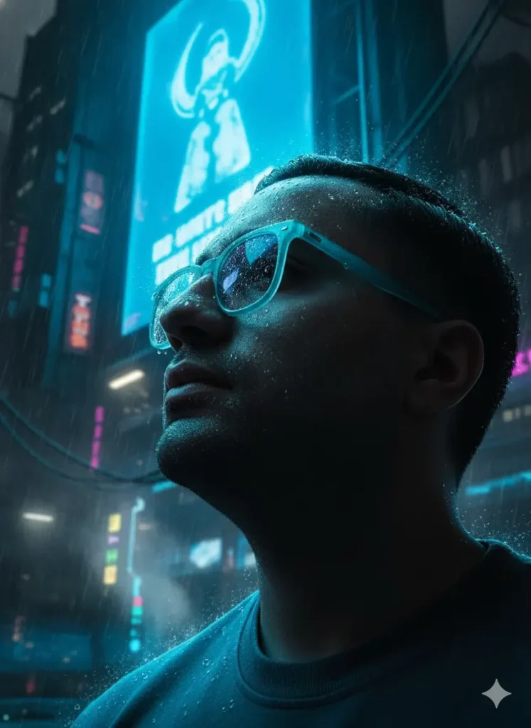 پرامپت عکس پروفایل خفن سایبرپانک با نور نئون آبی.