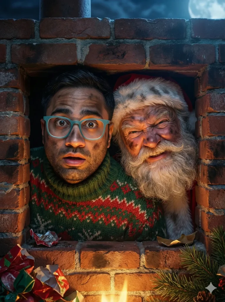 ساخت عکس پروفایل با هوش مصنوعی با تم طنز گیر کردن در دودکش کنار بابانوئل