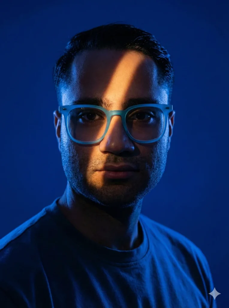 پرامپت نانو بنانا با نورپردازی کهربایی و آبی