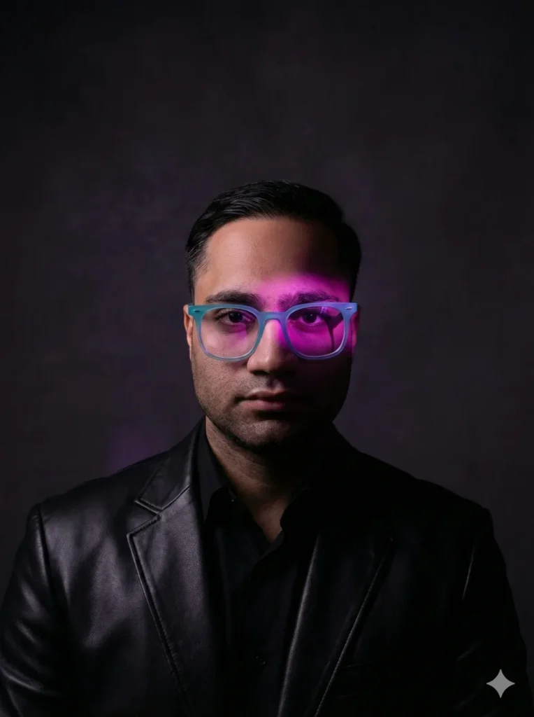 پرتره دارک و خشن با کت چرم و درخشش ارغوانی رنگ روی چهره، طراحی شده توسط پرامپت نانو بنانا.