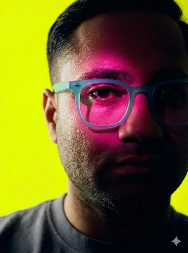 ساخت پرتره فشن و مجلهای با پسزمینه زرد نئونی و نور ارغوانی با استفاده از پرامپت نانو بنانا.