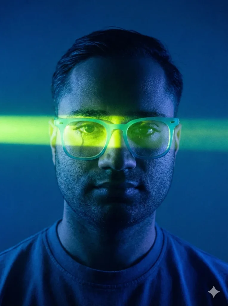 پرتره هنری سیلوئت و ضد نور با پرتو طلایی روی چشمها، خلق شده به کمک پرامپت نانو بنانا.