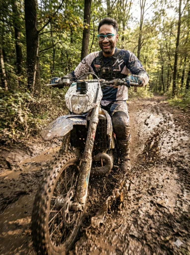 پرامپت عکس ورزشی موتورسواری آفرود در مسیرهای جنگلی و گلی