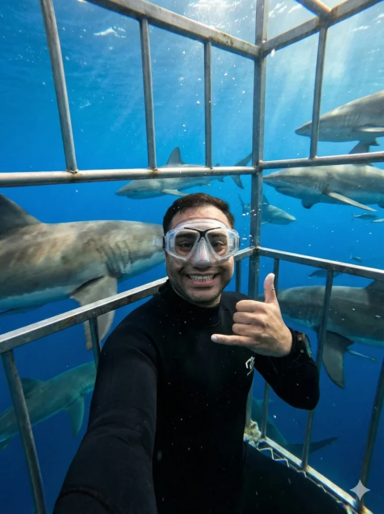 خروجی پرامپت عکس ورزشی غواصی با کوسهها توسط هوش مصنوعی