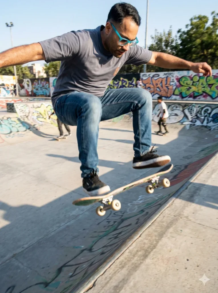 اجرای پرامپت عکس ورزشی برای پرش با اسکیتبرد در فضای شهری